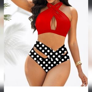 NWT High Waist Crossback Halter Bikini Set